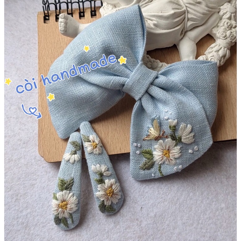 Set Cặp tóc + Nơ thêu handmade