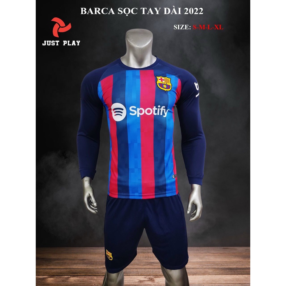 Bộ quần áo đá banh CLB Barcelona TAY DÀI Sọc xanh đỏ sân nhà 2023 JP