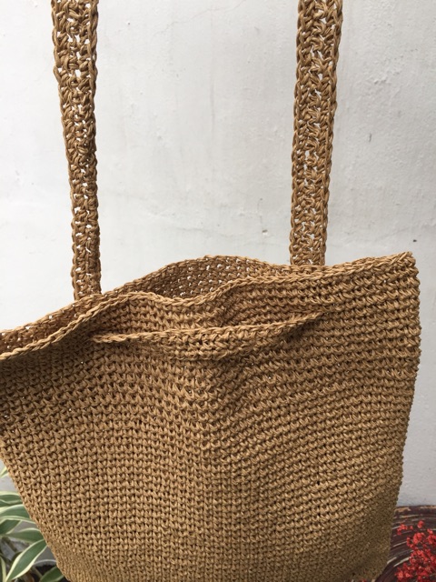 Túi tote móc len sợi giấy, túi handmade vintage boho đan len