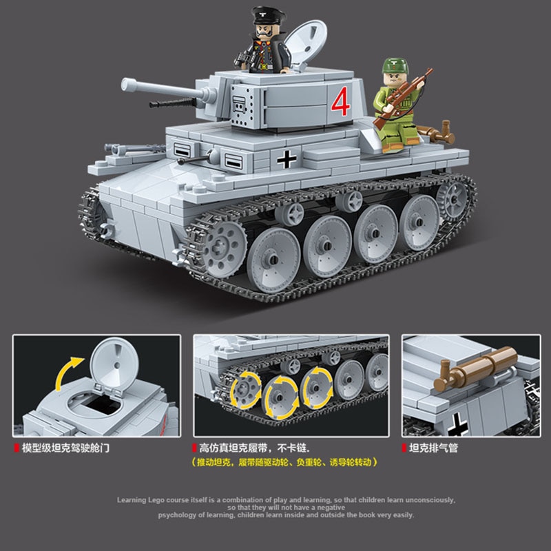 Đồ chơi Lắp ráp Mô hình xe tăng Quan guan 100082 535pcs Military WW2 Technic German Soldier LT-38 Light Tank