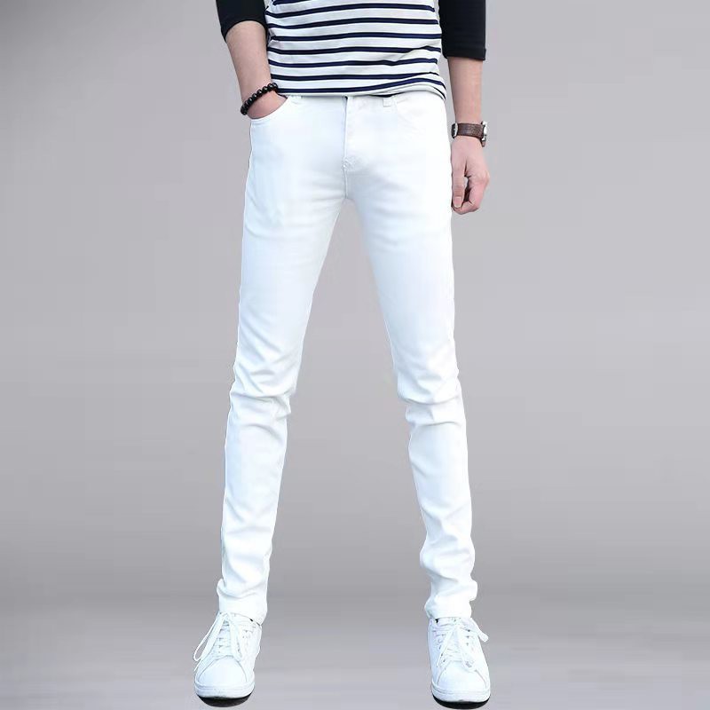 Quần jean mỏng phù hợp với màu đen của Hàn Quốc Nam giới Slim Fit Skinny Jeans Nam Jeans dài Denim Seluar Jeans