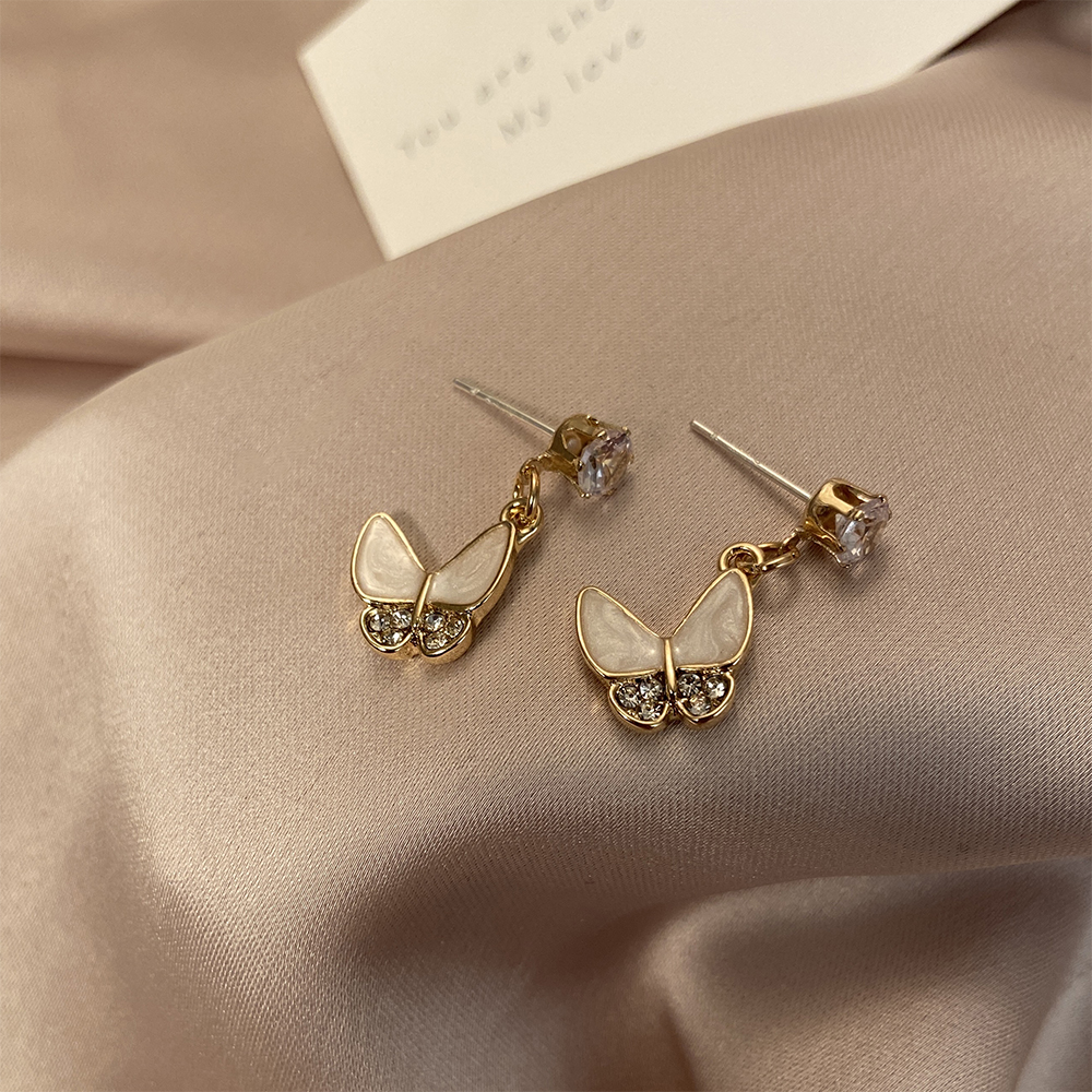 Bông Tai Mạ Bạc 925 Hình Bướm Đính Đá Phong Cách Hàn Quốc