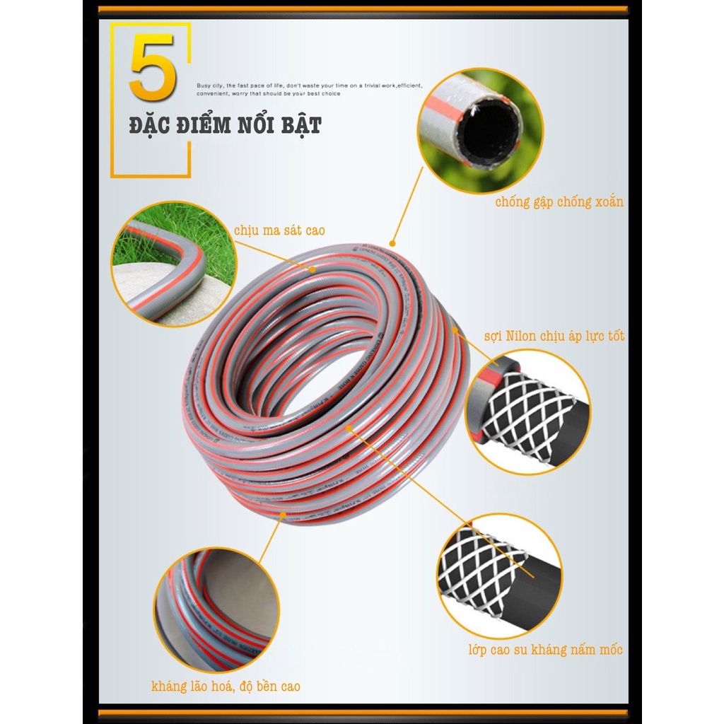 Bộ vòi tưới cây rửa xe Lionking từ 20 - 50 mét. Ống nước kết cấu 3 lớp, vòi phun nhựa 5 kiểu phun. Bao gồm rulo cuộn ống