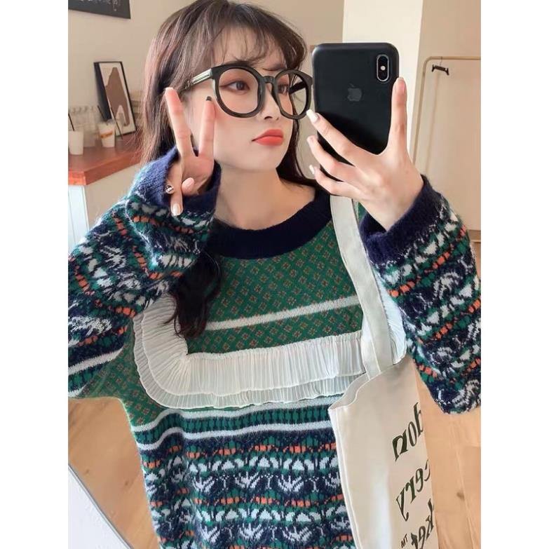 [HÀNG ORDER] Áo len bánh bèo tiểu thư thổ cẩm màu xanh hot trend mùa đông -jhu | BigBuy360 - bigbuy360.vn