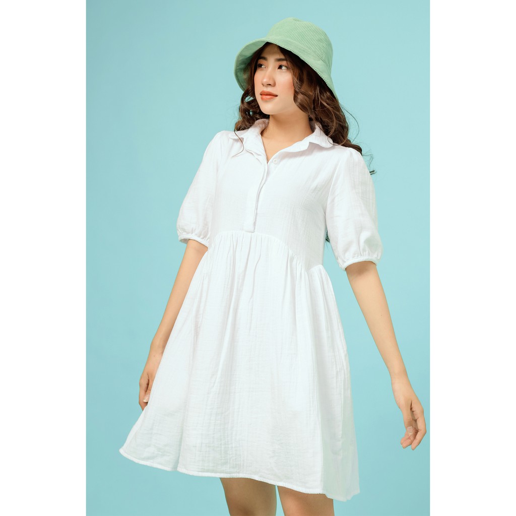 Đầm nữ babydoll cổ sơ mi tay lửng thời trang GAGO v-neck baby dolls midi dress màu trắng GG3473