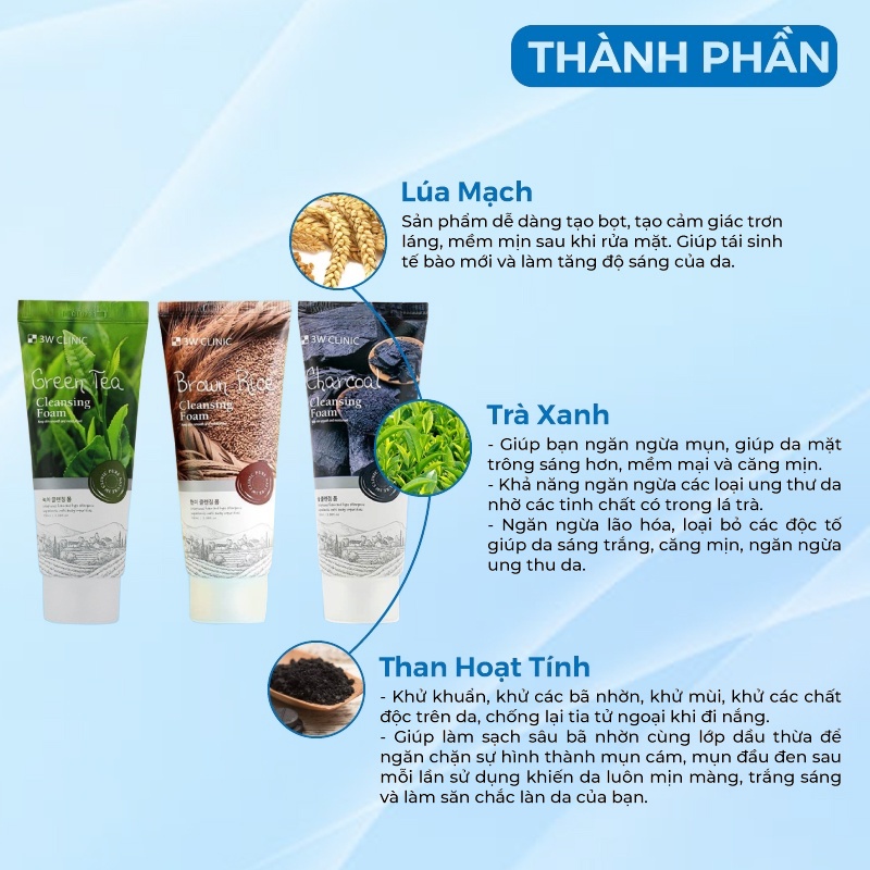 Sữa Rửa Mặt Trắng Da Giảm Mụn Từ Thiên Nhiên 3w Clinic Hàn Quốc 100ml Giúp Da Trắng Sáng & Mềm Mịn Tự Nhiên