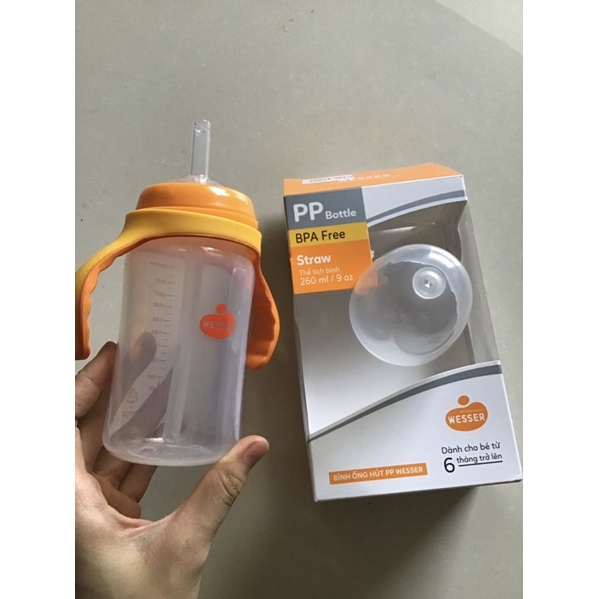 Bình ống hút PP WESSER 260ml không bị đổ cho bé từ 6 tháng
