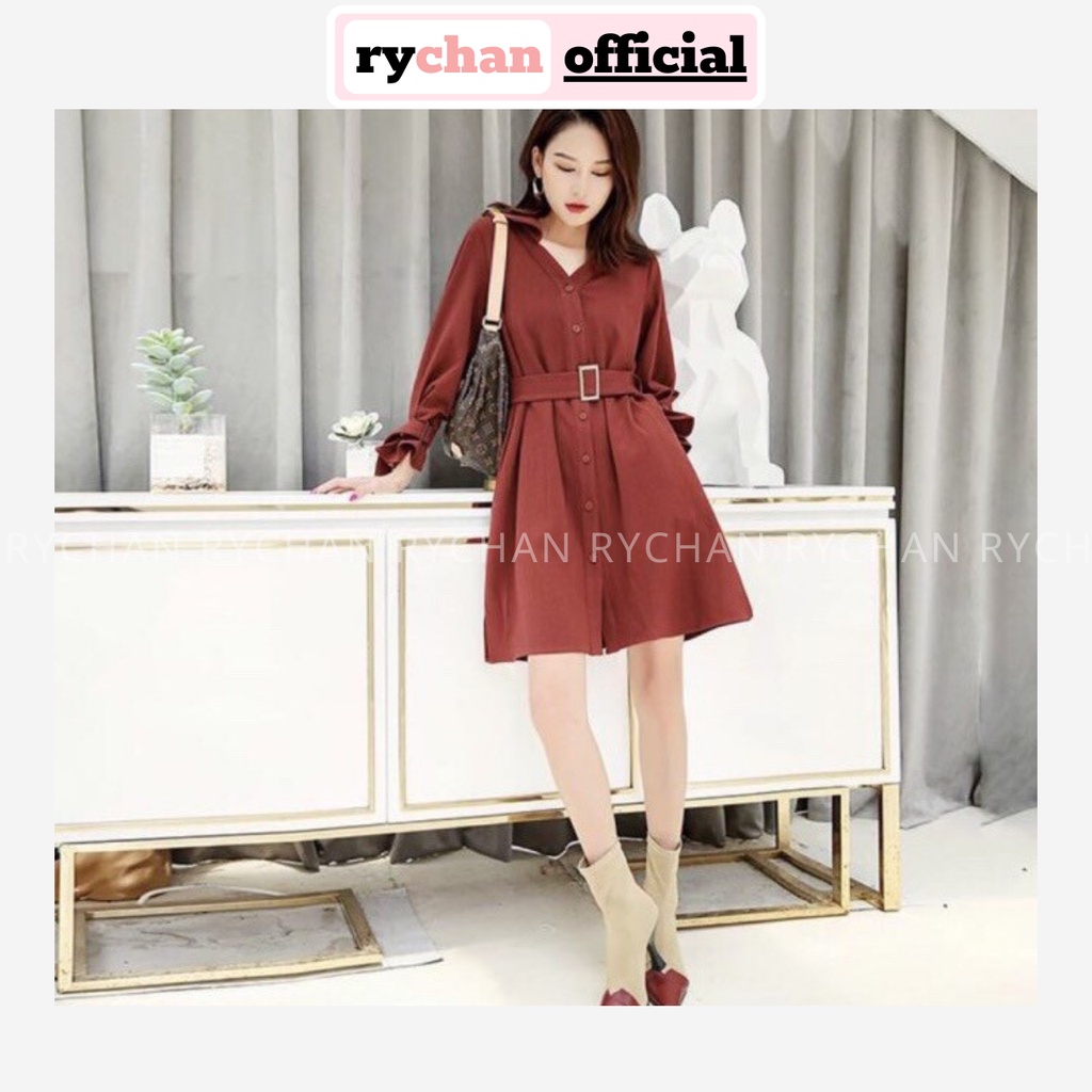 Đầm Suông Cam Đất Sơ Mi Tay Dài Kèm Belt - DS289