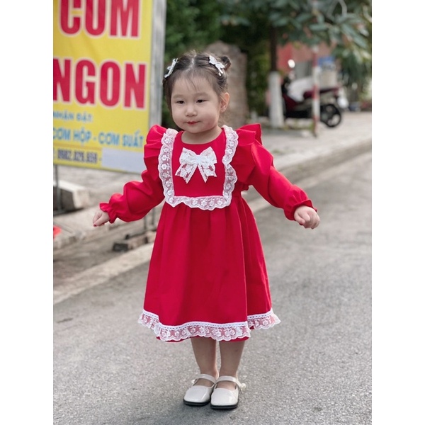 Váy Đỏ Nhung Lì Phối Ren Kính Cho Bé Gái 4 Đến 18kg, Đầm Bé Gái Mùa Thu Đông [A032]