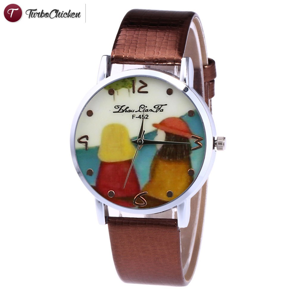 #Đồng hồ đeo tay# Fashion Couple Watches Simple Quartz Watch Leather Band Round Dial Cute Cartoon Printed Casual Watches