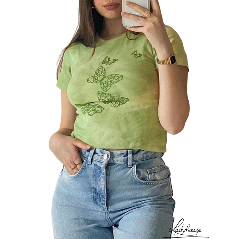 Ldd-áo Thun Croptop Cổ Tròn Tay Ngắn In Họa Tiết Bướm Màu Xanh Lá Dành Cho Nữ Size S/ M/ L