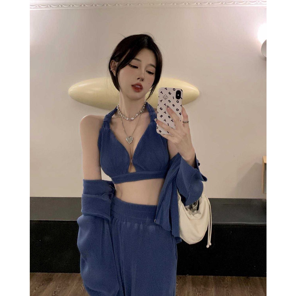 Set Đồ Thể Thao Mùa Hè Gồm Quần Ống Rộng + Áo Hoodie Màu Xanh Dương Hợp Thời Trang Cho Nữ