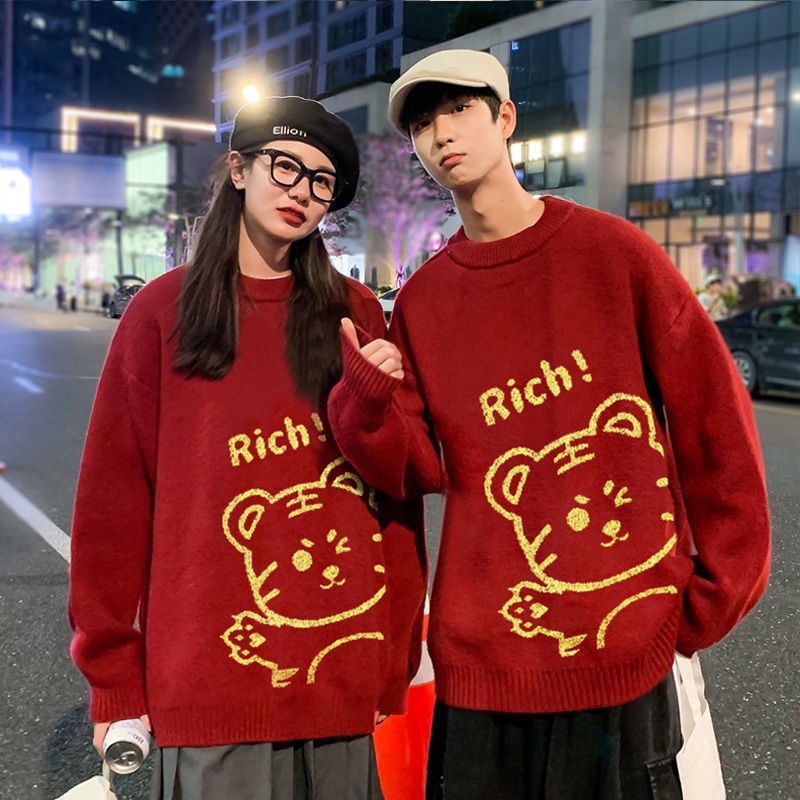 Áo len nữ màu đỏ Cặp đôi thời trang mặc đồ ngoại cỡ Lễ hội mùa xuân Tiger