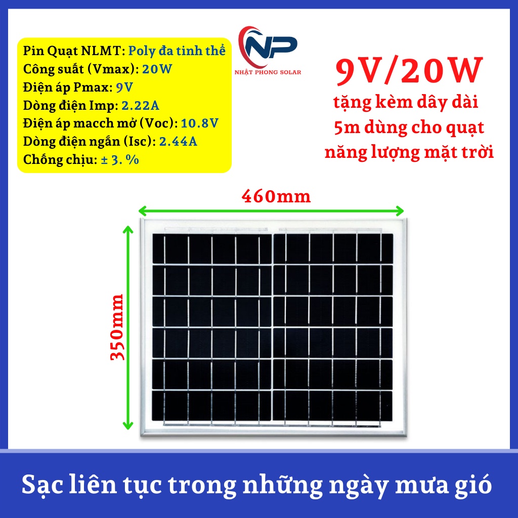 Tấm pin năng lượng mặt trời NHẬT PHONG SOLAR chất liệu Poly đa tinh thể công suất 6V 20W,25W,30W,35W