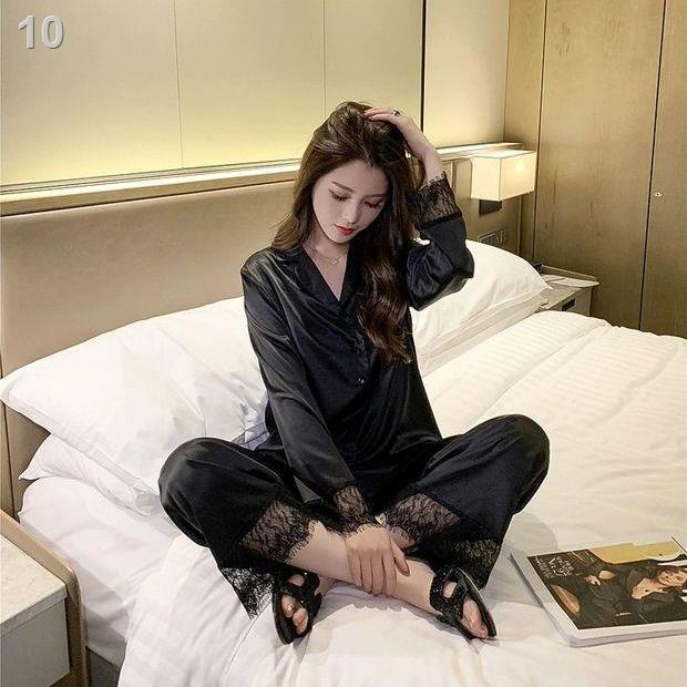 2021¤✎Đồ ngủ phụ nữ mùa xuân và thu băng lụa mỏng phần ren gợi cảm khâu hai mảnh dài tay rộng rãi phù hợp với dịch vụ tạ