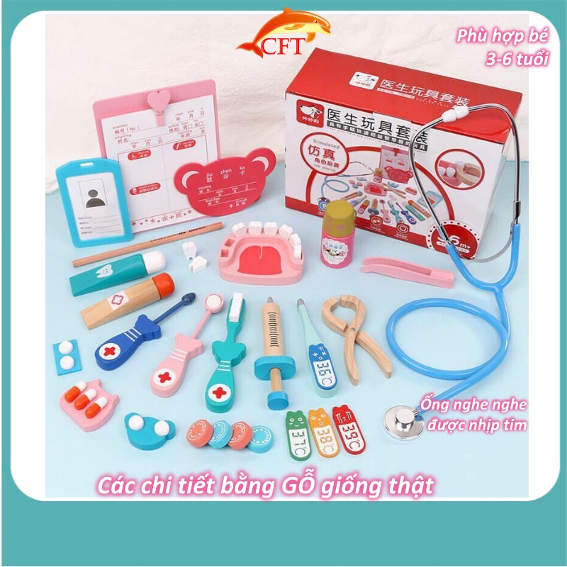 Đồ chơi bác sỹ gỗ cho bé từ 3 tuổi giúp bé tập làm bác sỹ xua tan nỗi sợ bác sỹ có ống nghe nghe thật
