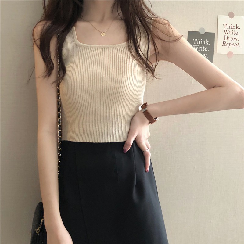 Áo croptop nữ dệt ngắn kim màu trơn Hàn Quốc đen không tay kiểu ôm body tank top vải cotton co giãn tốt