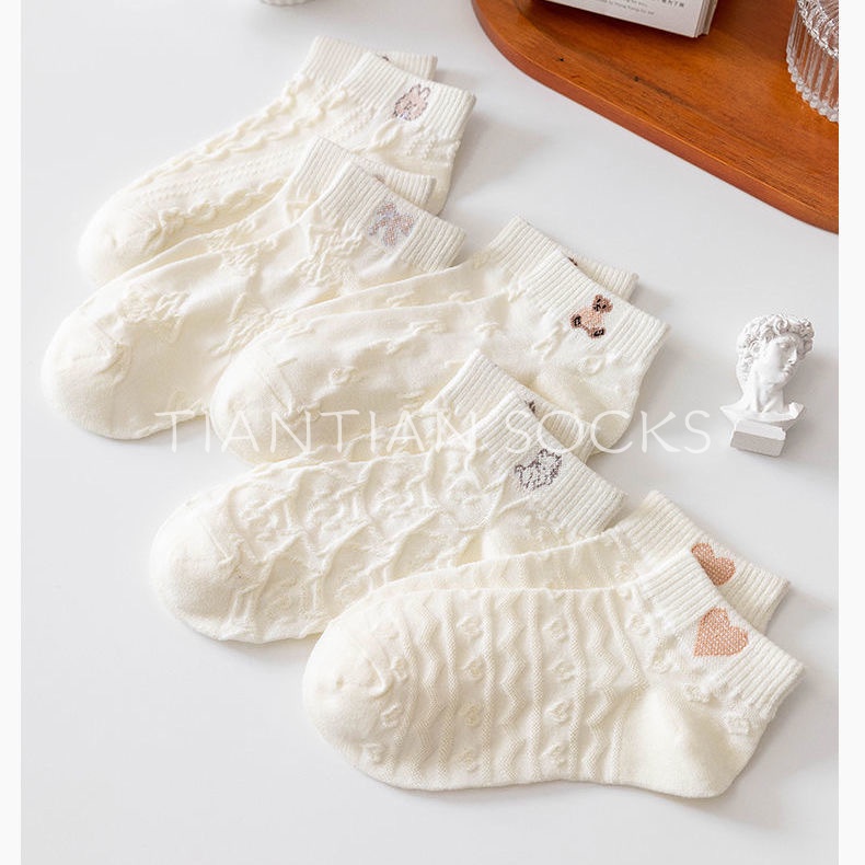 TIAN TIAN T163 Vớ Cotton cổ ngắn Cổ Thấp Đính Nơ Họa Tiết Gấu Hoạt Hình Dễ Thương Phong Cách Nhật Bản Thời Trang Cho Nữ