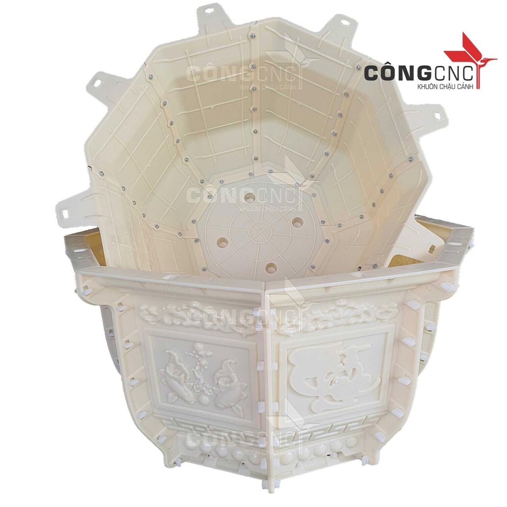 Khuôn đúc chậu bát giác 79 họa tiết tư linh, cá chép- tài lộc, khuôn đúc chậu cảnh đẹp bát giác 79 không chân