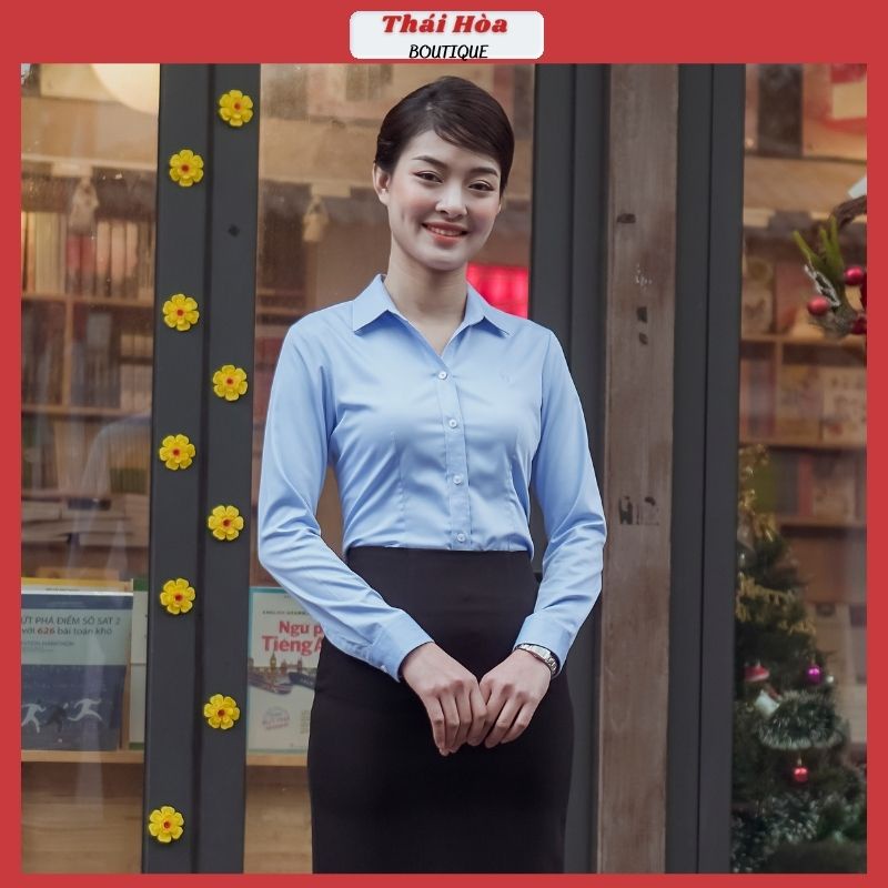 Áo sơ mi nữ dài tay đẹp kiểu công sở cao cấp màu xanh dương sợi tre Thái hoà 8919-03-01