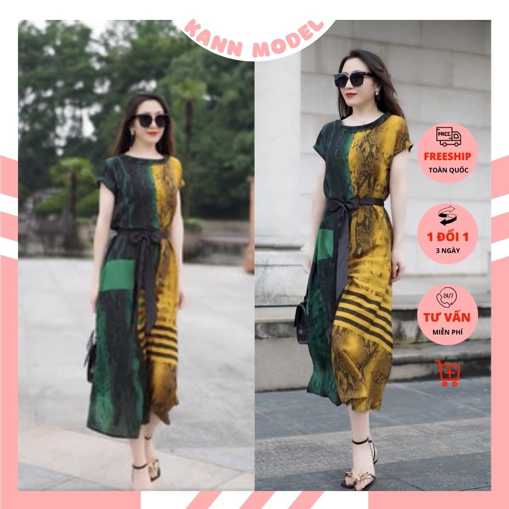 Váy Lụa Suông Kann Model Ngắn Tay thắt eo họa tiết độc đáo dễ mặc diện đi chơi, đi làm HV78