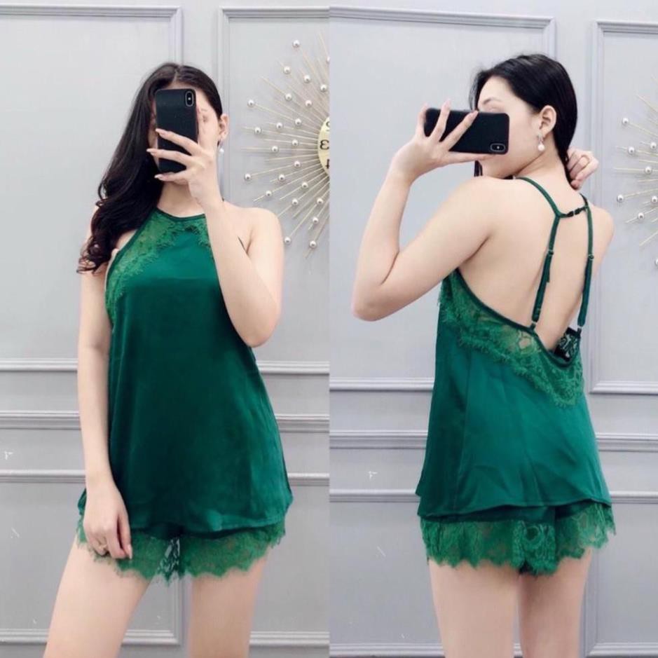 Đồ ngủ nữ🌺FreeShip🌺Set bộ ngủ yếm phối ren chất liệu vải lụa satin cao cấp mềm mịn, bộ ngủ sexy freesize dưới 65kg | BigBuy360 - bigbuy360.vn