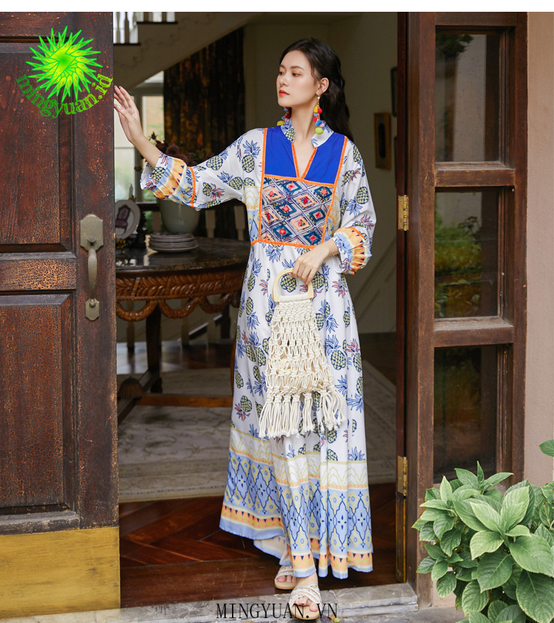 ( Mingyuan ) New retro ethnic heavy industry embroidery printing slim dress