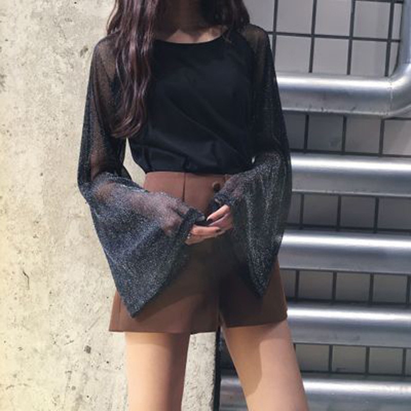 FREESHIP ĐƠN 99K_ Áo thun nữ tay ống loe dài chất liệu voan lưới kim tuyến thời trang | BigBuy360 - bigbuy360.vn