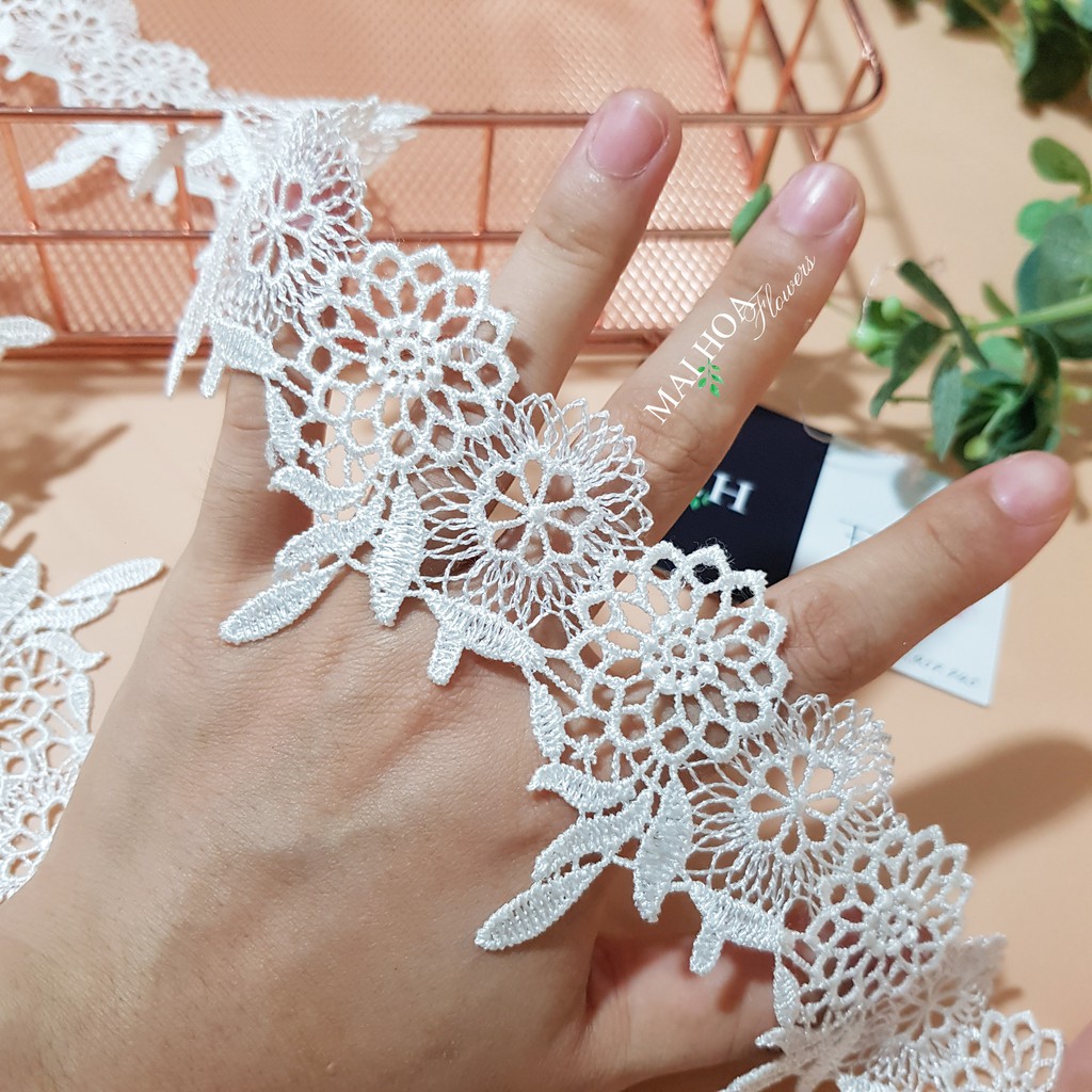 RC25 Cuộn 13 mét dây ren thêu hoa ren viền váy áo ren chỉ trắng Maihoaflower