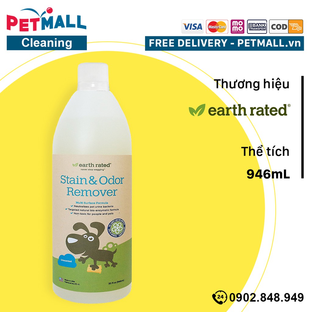 REFILL Xịt khử mùi &amp; vết ố Earth Rated Unscented Scented Stain &amp; Odor Remover 946ml-khử mùi nước tiểu, diệt khuẩn Petmal