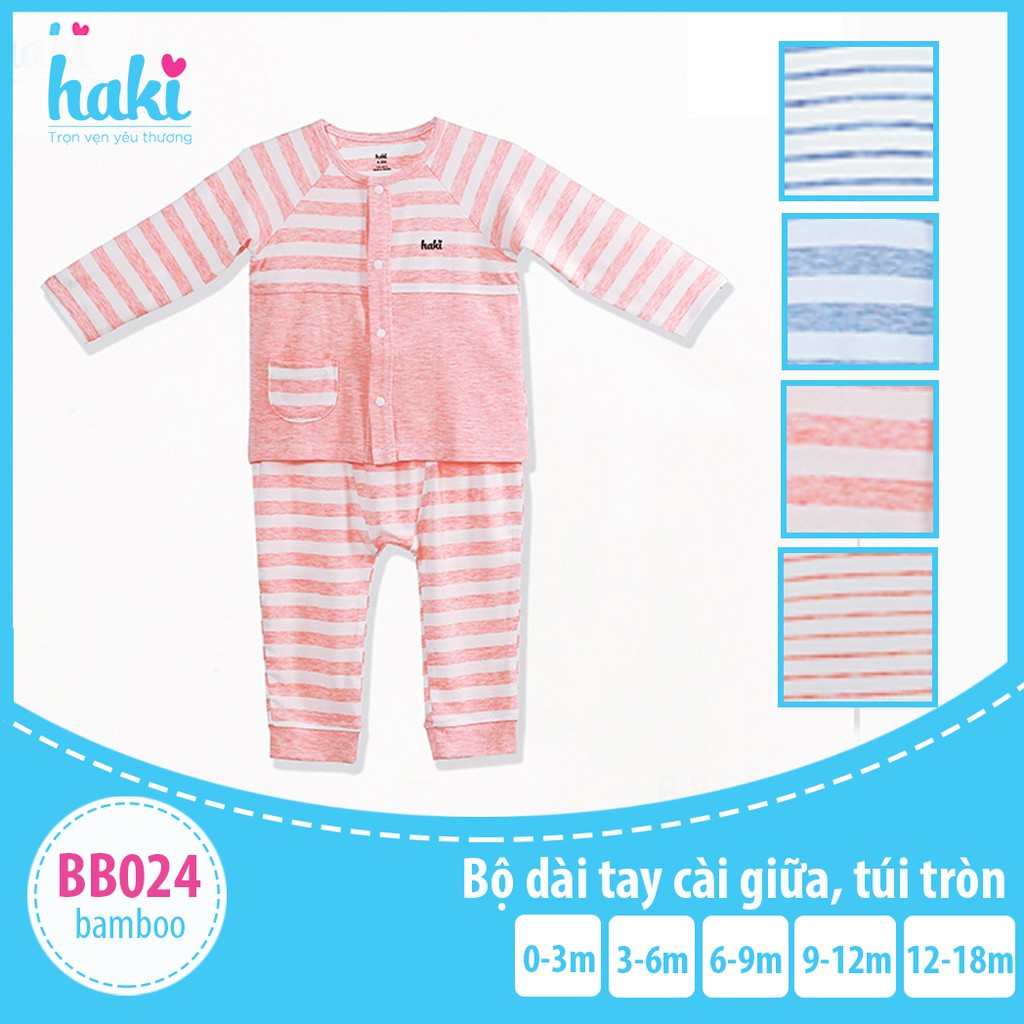 Bộ quần áo dài tay cài giữa, túi tròn cho bé vải sợi tre cao cấp Haki BB024