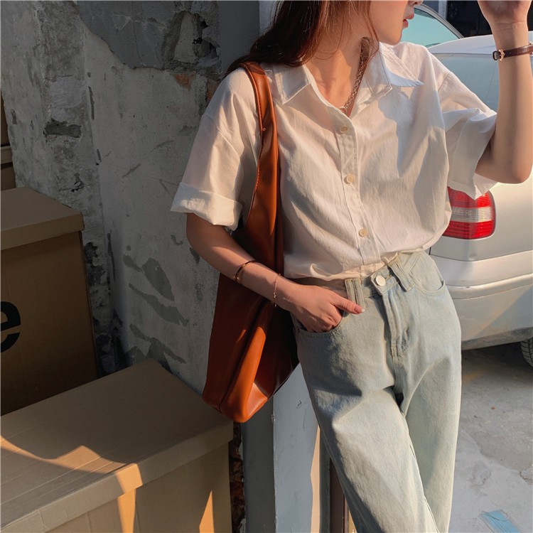 LEEVA - Áo sơ mi ngắn tay nữ dáng rộng cá tính A173