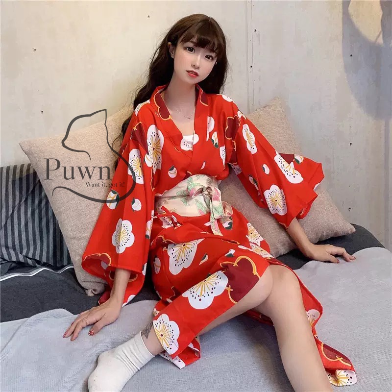 Trang phục Cosplay Kimono, Yukata hoa đỏ phong cách Nhật Bản xinh xắn đáng yêu Puwn Shop