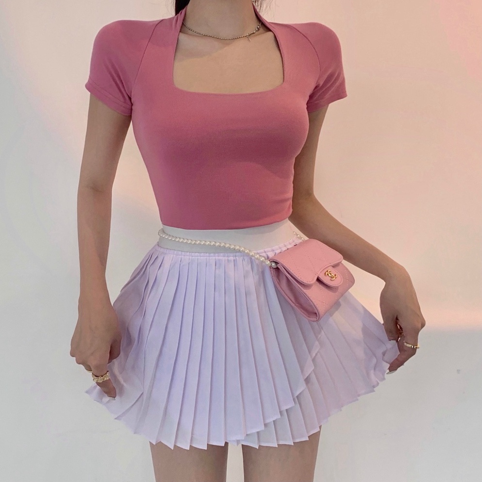 Áo co dãn croptop cổ u rộng tay bó ngắn màu trơn ôm body UVTN BS32