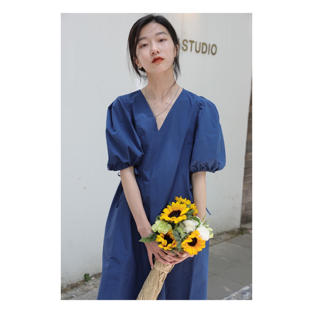 Đầm Nữ Tay Ngắn Cổ Chữ V Phong Cách Vintage