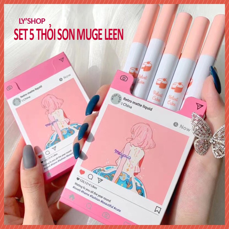 Set 5 son Mugeleen hình hộp thuốc lá , son kem cổ trang siêu lì mịn đẹp cô gái Cô Gái Meyoco Retro Matte Liquid  A34