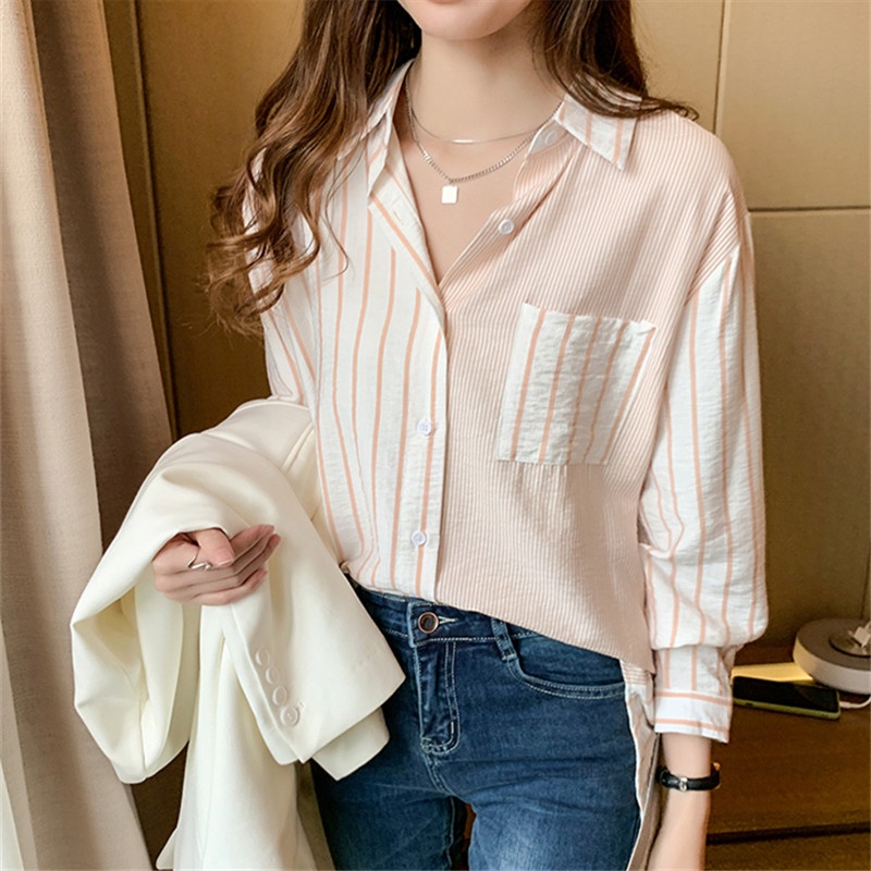 Áo Sơ Mi Cổ Polo Tay Dài Dáng Rộng Họa Tiết Kẻ Sọc Phong Cách Hàn Quốc Thời Trang Cho Nữ