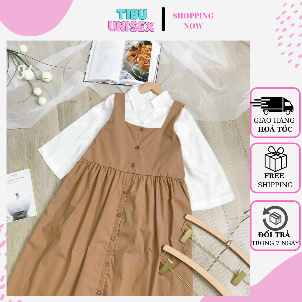 SET VÁY YẾM KSTE BE + ÁO THUN TRẮNG - BỘ ĐẦM 2 DÂY BẢN TO MÀU BE DÁNG DÀI ULZZANG