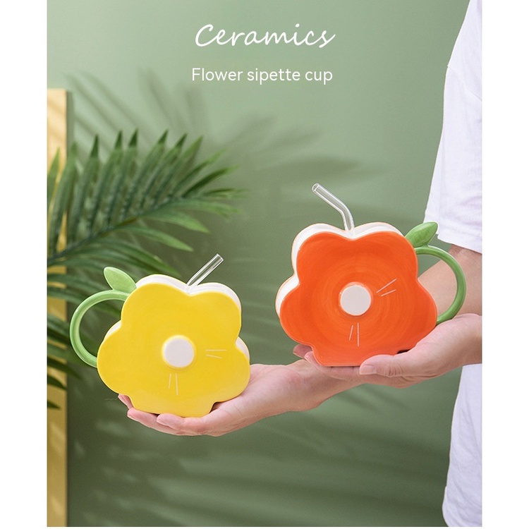 Mới Ly Uống Nước Bằng Gốm Sứ Có Ống Hút Họa Tiết Hoa Xinh Xắn