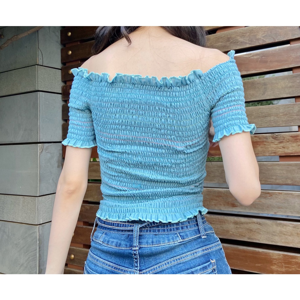Áo Thun Kiểu Nữ, Ngắn Tay, Cách Điệu Cúp Ngực, Tay Bèo, Màu Xanh - Lovadova 21B12C001