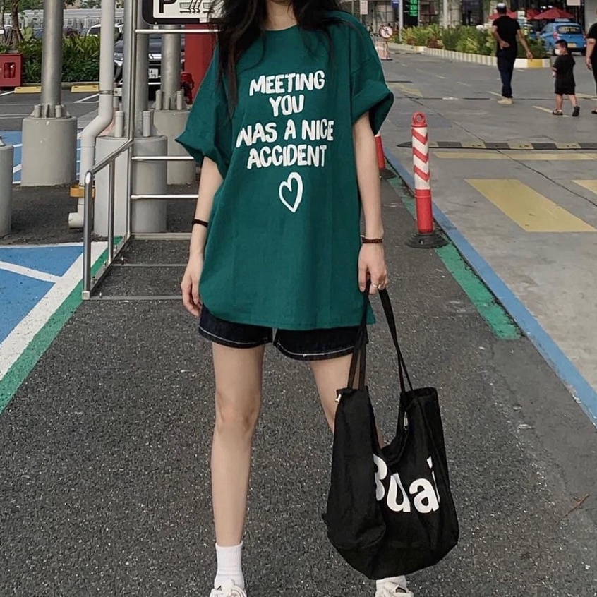 Áo thun tay lỡ xanh lá Meeting You. Áo phông form rộng cotton Ulzzang nam nữ Unisex