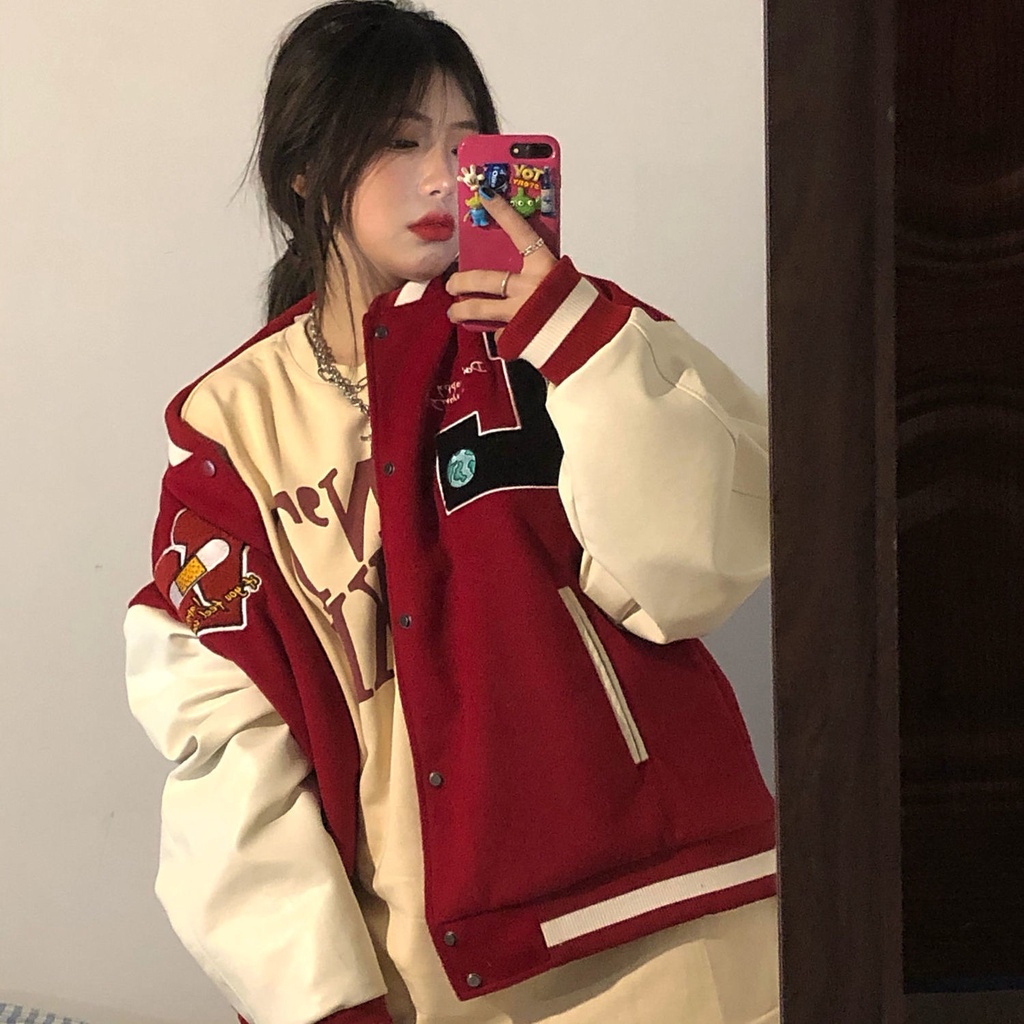 Áo khoác bóng chày dáng rộng phong cách retro cho nam và nữ