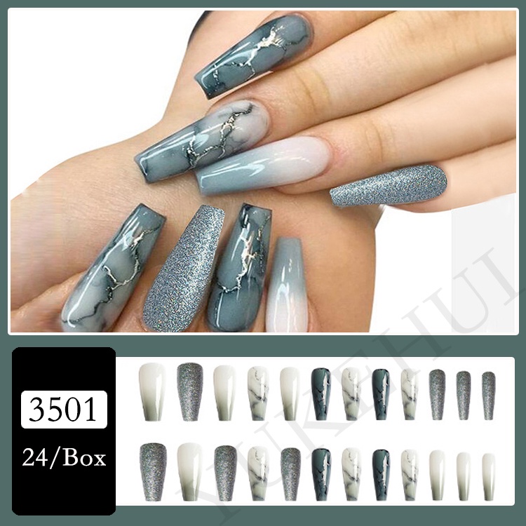 3501 YUKEHUI bộ móng tay giả set móng giả trong suốt móng tay giả đính nơ móng tay giả dài vuông móng tay giả dài đính đá  bộ 24 móng giả