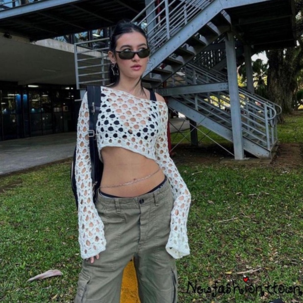Áo Croptop Dệt Kim Tay Dài Màu Trơn Dáng Ôm Hở Ngực Thiết Kế Đơn Giản Thời Trang Cho Bạn Gái