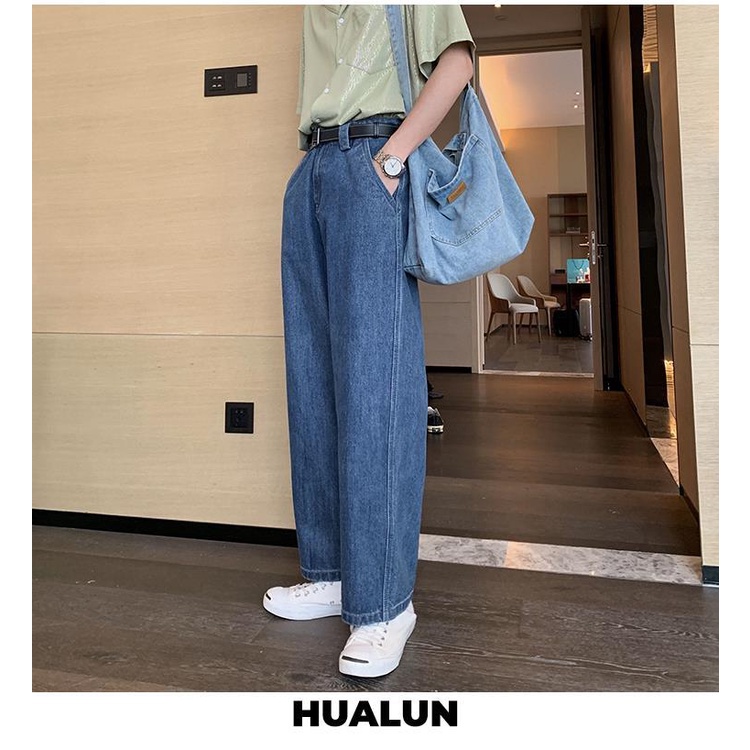 Quần Jean Ống Rộng Màu Tối Phong Cách Vintage Hàn Quốc Cá Tính Cho Nam
