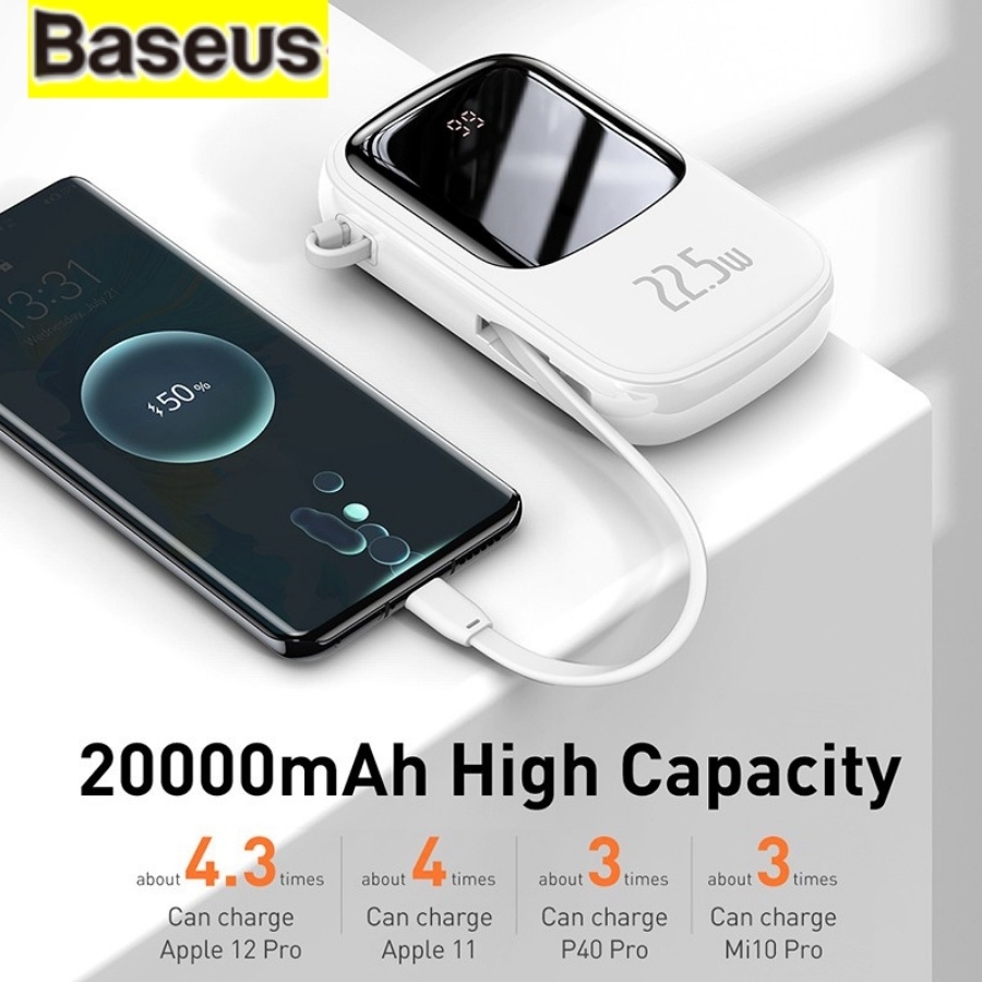 Pin sạc dự phòng Baseus 20000mAh PD, pin dự phòng 22.5W tích hợp sẵn cáp cho điện thoại thiết kế dễ dàng mang theo