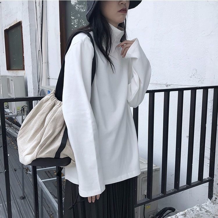 Áo thun dài tay cổ lọ dáng rộng màu trơn thời trang thu đông phong cách Hàn Quốc cao cấp cho nữ