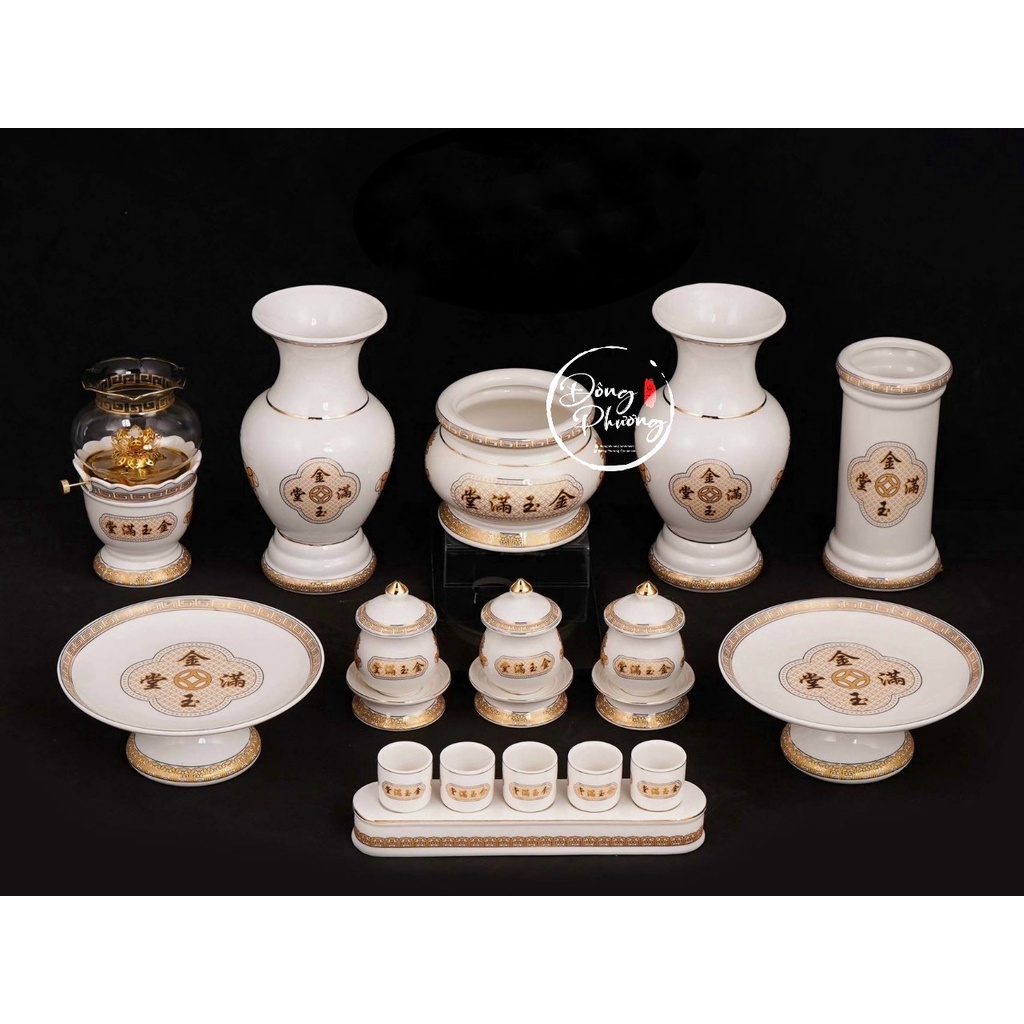 Bộ Đồ Thờ Cúng Sứ Trắng - Set Đồ Thờ Phụng Sứ in hoa văn "Kim Ngọc Mãn Đường" cao cấp