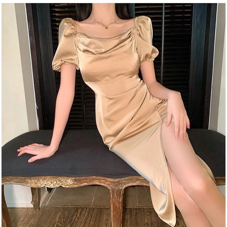 Đầm lụa dự tiệc cổ đổ, xẻ tà, tay phồng sang trọng có BIGSIZE