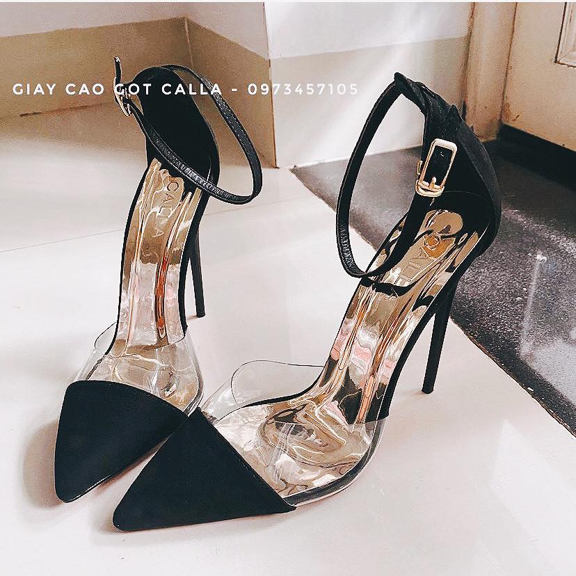 Sandal cao gót bít mũi đế nhọn màu đen